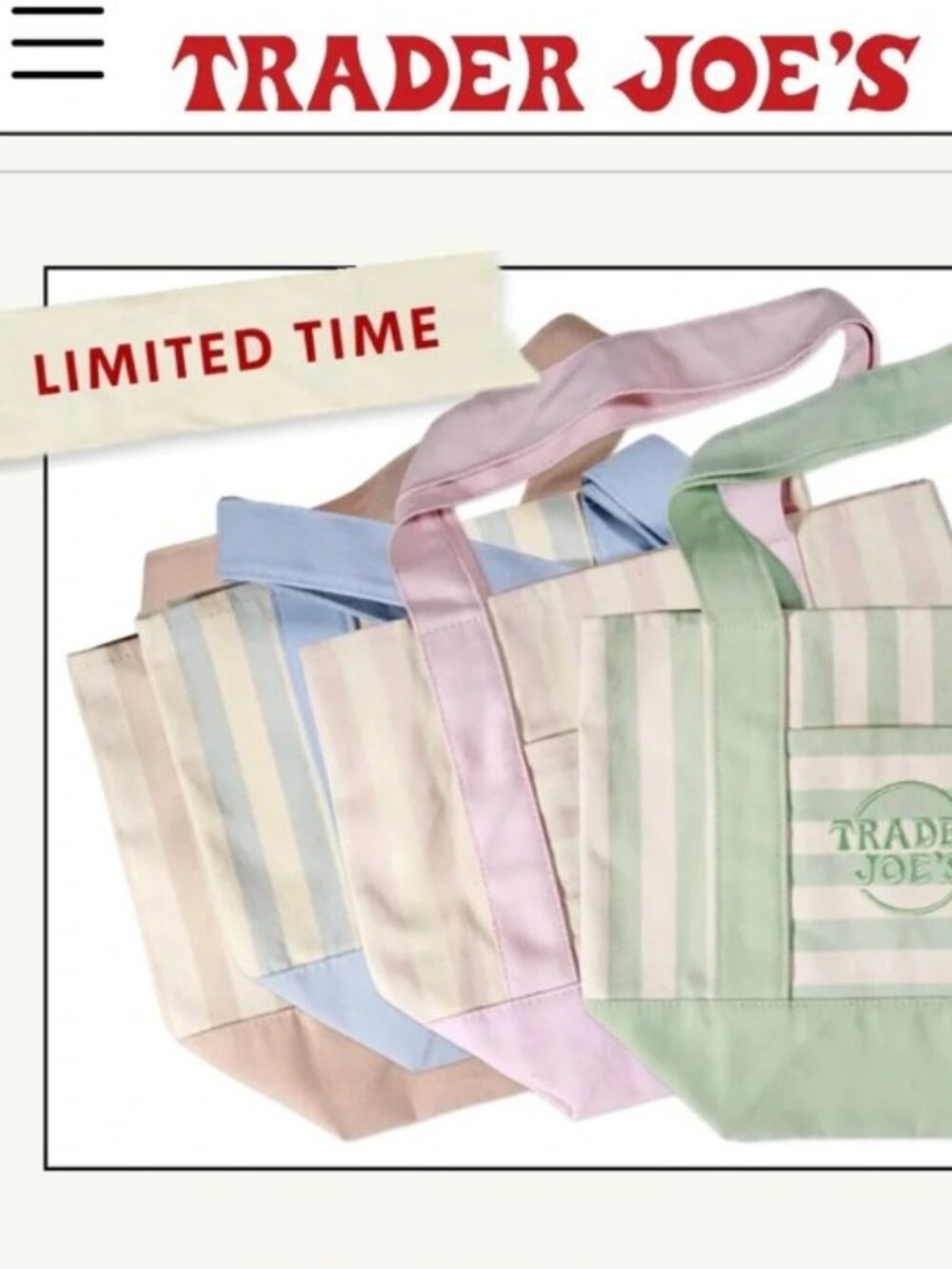 NWT Trader Joe's Mini Canvas Pastel Striped Bags- Set Of 4-No Waiting In Line!